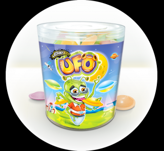 Johny Bee UFO 390g - balení 300ks (Kulaté barevné oplatky plněné kyselým šumivým práškem s chutí jahod.)