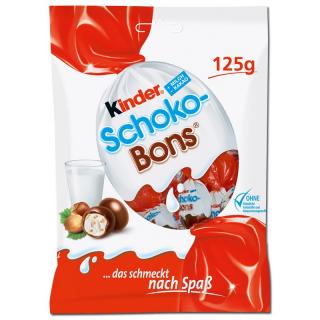 Kinder Schoko Bons 125g (Čokoládové bonbony formované z mléčné čokolády, s mléčnou náplní (42,5 %) a lískovými oříšky.)