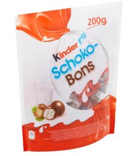 Kinder Schoko Bons 200g (Čokoládové bonbony formované z mléčné čokolády, s mléčnou náplní (42,5 %) a lískovými oříšky.)