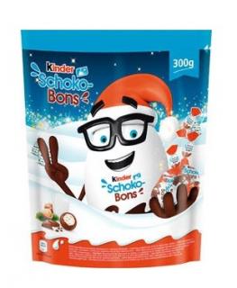 Kinder Schoko Bons 300g   (Čokoládové bonbony formované z mléčné čokolády, s mléčnou náplní (42,5 %) a lískovými oříšky.)