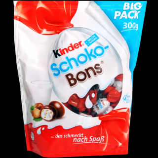 Kinder Schoko Bons 300g - dovoz Německo (Čokoládové bonbony formované z mléčné čokolády, s mléčnou náplní (42,5 %) a lískovými oříšky.)