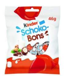 Kinder Schoko Bons 46g  (Čokoládové bonbony formované z mléčné čokolády, s mléčnou náplní (42,5 %) a lískovými oříšky.)