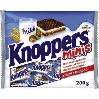 Knoppers - minis 200g (Oplatky plněné mléčným krémem (30,4%) a lískoořechovým krémem (29,4%) s tmavou tukovou polevou (14,6%).)