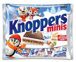 Knoppers minis 200g   (Plněné oplatky (mléčným krémem 30,4 % a lískoořechovým krémem 29,4 %). Poleva: tuková poleva s čokoládovou příchutí.)