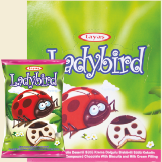 Ladybird Coated Biscuit 25g (Sušenka ve tvaru berušky se smetanovou náplní politá bílou čokoládou s detaily z hořké a mléčné čokolády.)