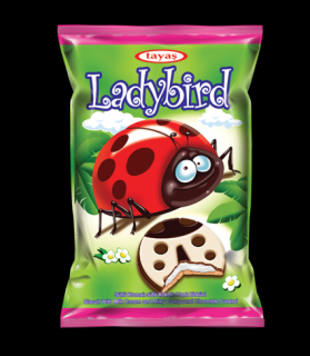 Ladybird Coated Biscuit 25g x 4ks (Sušenka ve tvaru berušky se smetanovou náplní politá bílou čokoládou s detaily z hořké a mléčné čokolády.)