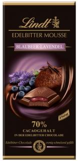 Lindt Edelbitter Mousse Blaubeer-Levandel 150g (Pplněná hořká čokoláda s tmavou čokoládovou pěnou (26%) a borůvkovo-levandulovou náplní (18%).)