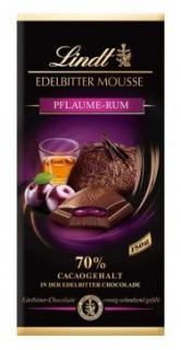 Lindt Edelbitter Mousse Pflaume-Rum 150g (Plněná hořká čokoláda s hořkou čokoládovou pěnou (26 %) a náplní ze švestek a rumu (18 %))