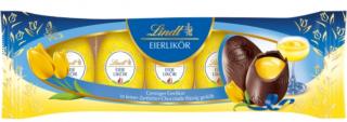Lindt Eierlikör-Eier 90g - s vaječným likérem  - DMT 07/2023 (Hořká čokoláda plněná vaječným likérem. Obsahuje alkohol. Alk. = 4,9% obj. Obsah kakaové sušiny v hořké čokoládě nejméně 52%.)
