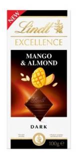 Lindt ExcellenceMango  Almond 100g - DMT 30.11.2023 (Hořká čokoláda s manganovým ganulátem 7% a s kousky mandlí 7%.)