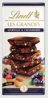 Lindt Les Grandes Heidelbeere  Cranberry 150g (hořká čokoláda s borůvkami (7%), cranberry (3%) a mandlemi (5%) a s minimálním 41% obsahem kakaa.)