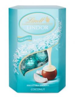 Lindt LINDOR pralinky Kokos 200g (Mléčná čokoláda s jemnou kokosovou náplní (44 %).)