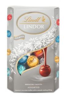 Lindt LINDOR stříbrná směs pralinek 200g (Směs mléčné čokolády, mléčno - bílé čokolády, bílé čokolády s jahodami a bílé čokolády s kokosem s jemnou tekutou náplní (44%).)