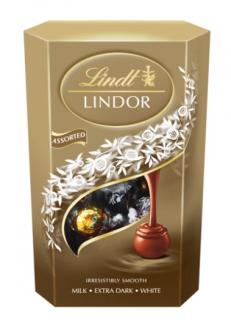 Lindt LINDOR zlatá směs pralinek 337g (Směs mléčné, mléčné s lískovými ořechy, bílé a extra hořké čokolády s jemnou krémovou náplní (44 %))