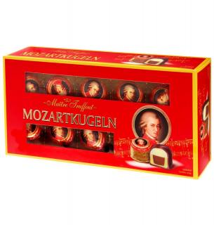 Maitre Mozart Kuglen - Mozartovy koule v dárkovém balení 200g (Koule plněné pistáciovým marcipánem 34%, marcipánem z lískových oříšků 22%, nugátem 12%, potažené mléčnou čokoládou 16% a hořkou čokoládou 16%)