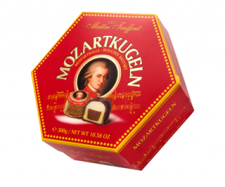 Maitre Mozart Kuglen - Mozartovy koule v dárkovém balení 300g (Koule plněné pistáciovým marcipánem 34%, marcipánem z lískových oříšků 22%, nugátem 12%, potažené mléčnou čokoládou 16% a hořkou čokoládou 16%)