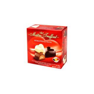 Maitre Truffout Čokoládová Srdíčka 45g (Belgické pralinky ve tvaru srdíček z hořké, mléčné a bílé čokolády. Překvapte svého partnera tímto malým dárkem)