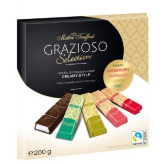 Maitre Truffout Grazioso Selection Creamy Style 200g - DMT 13.07.2023 (Hořká čokoláda s náplní s příchutí máty (45%), tmavá čokoláda s náplní s příchutí jahody (45%), tmavá čokoláda s náplní s příchutí maliny (45%), hořká čokoláda s náplní s příchutí)