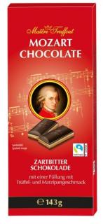 Maitre Truffout Mozart chocolate 143g ( JEMNÁ HOŘKÁ ČOKOLÁDA S NÁPLNÍ S LANÝŽOVOU PŘÍCHUTÍ (24%) A NÁPLNÍ S MARCIPÁNOVOU PŘÍCHUTÍ (16%))