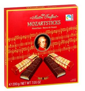 Maitre Trufout Mozart Sticks 200g ( Jemná hořká čokoláda s náplní marcipánu (25%) a s náplní příchutí pistácií (25%))