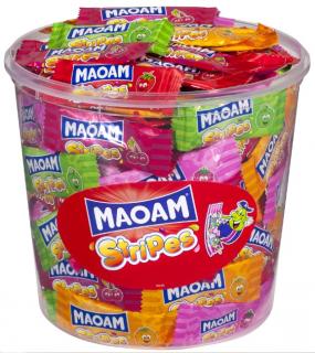 Maoam Mini Stripes 7g x 150 k (žvýkací bonbóny s chutí citronu, třešní, pomeranče, jahody, jablka, citronu a koly.)