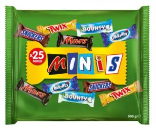 Mars Mixed Minis Bag 500g (MARS - mléčná čokoláda (36%), plněná jemným cukrovým krémem (34%) a karamelem (29%). # TWIX - křupavý sušenka (26%) s jemným karamelem (32%) obalená v mléčné čokoládě (35%). # BOUNTY - mléčná čokoláda (36%), naplněná šťavnatou)