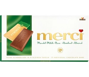 Merci čokoláda oříšková 100g - DMT 01.01.2022 (Jemná mléčná čokoláda s kousky lískových oříšků a mandlí)