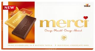 Merci čokoláda Pomeranč mandle 100g - DMT 01.11.2022 (Hořká čokoláda s kousky mandlí (6 %) a koncentrovanou pomerančovou šťávou (2 %))