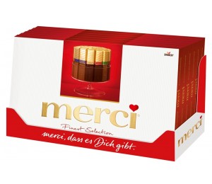 Merci Mix Storck bonboniéra červená 400g (Kolekce čokoládových specialit z hořké, mléčné a bílé čokolády.)