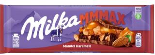 Milka Almond Caramel 300g (Mléčná čokoláda z alpského mléka s mandlovo-kakaovou náplní (31%), karamelovou náplní (10%) a karamelizovanými slanými kousky mandlí (9%).)