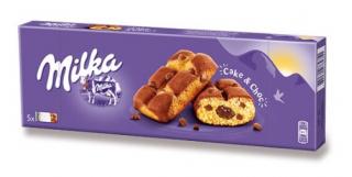 Milka CakeChoc 175g  (Jemné pečivo s kousky mléčné čokolády z alpského mléka a čokoládovou náplní (14 %).)