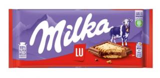 Milka Lu se sušenkou 87g (Mléčná čokoláda z alpského mléko obložená sladkými sušenkami (26%).)