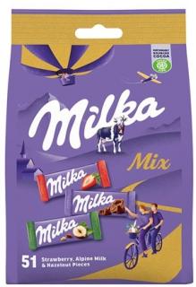 Milka Mix 250g (Směs: alpská mléčná čokoláda, alpská mléčná čokoláda s náplní kakaového krému, alpská mléčná čokoláda s náplní s jahodovou příchutí, alpská mléčná čokoláda s kousky lískových oříšků.)