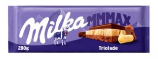 Milka Mmmax Triolade 280g (Mléčná čokoláda z alpského mléka (35 %), bílá čokoláda (41 %) a tmavá mléčná čokoláda z alpského mléka (22 %).)