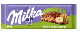 Milka Nutty Choco Wafer 270g (Oplatka (4 %) s lískooříškovo-krémovou náplní (40 %) a kousky jader lískových ořechů (2 %) v mléčné čokoládě z alpského mléka.)