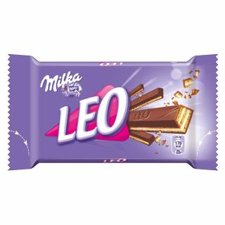 Milka oplatka LEO 33,3g - DMT 23.08.2023 (Křupavé oplatky (15%) plněné krémovou náplní (25%) v mléčné čokoládě z alpského mléka (58%).)