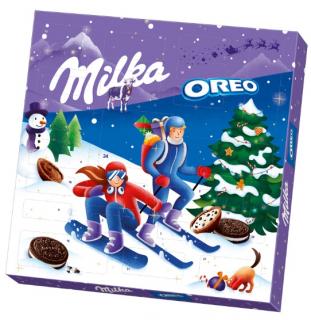 Milka  Oreo Adventní kalendář 280g - DMT 19.01.2023 (Směs alpské mléčné čokolády, alpské mléčné čokolády plněné mléčným krémem a kousky kakaové sušenky )
