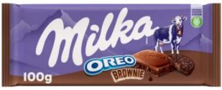 Milka Oreo Brownie  100g (Kousky kakaových sušenek (12 %) a kakaovo-krémová náplň (40%) v mléčné čokoládě z alpského mléka.)
