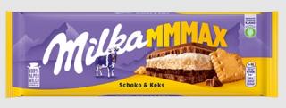 Milka Schoko  Keks  300g (Sušenka (13%) s krémem s čokoládovou příchutí (28%) a mléčným krémem (18%) v mléčné čokoládě z alpského mléka.)