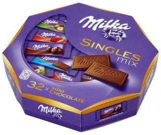 Milka Singles mix 138g (Výběr čokoládových bonbonů z mléčné čokolády z alpského mléka; mléčné čokolády z alpského mléka s kakaovou náplní; mléčné čokolády z alpského mléka s náplní s jahodovou příchutí a mléčné čokolády z alpského mléka s drcenými jádry)