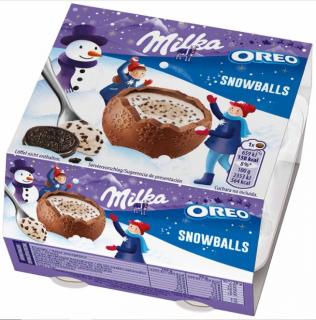 Milka Snow Balls Oreo 4x28g  - DMT 31.03.2023 (Alpská mléčná čokoláda plněná mléčným krémem (41%) s vanilkovou příchutí a kakaovými sušenky (4,5%))