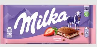 Milka Strawberry 100g  (Mléčná čokoláda z alpského mléka s krémovou náplní (51%) s jahodovou příchutí.)