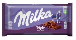 Milka triple cacao/caramel 90g (Kousky kakaových sušenek (2,5%) v mléčné čokoládě z alpského mléka s náplní s kakaovým krémem (12%) a tekutou kakaovou náplní (8%).)