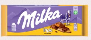 Milka triple caramel - DMT 16.12.2023 (Křupavé mandlovo-karamelové kousky (3%) v mléčné čokoládě z alpského mléka s mléčnou náplní s karamelovou příchutí (12%) a tekutou karamelovou náplní (8,5%).)