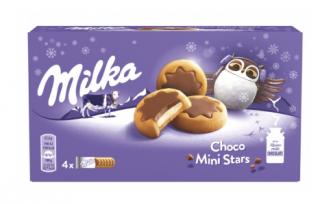 Milka velké Choco Minis 150g (Sušenky s mléčnou náplní (16 %) polomáčené mléčnou čokoládou z alpského mléka (23,2 %).)