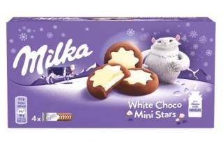 Milka White Choco Mini Stars 150g (Kakaové sušenky s mléčnou náplní (16 %) polomáčené bílou čokoládou (23 %).)