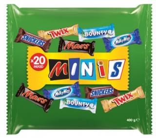 MINIS-Snickers,Mars,Twix, Bounty,Milky way 400g (Mléčná čokoláda(35%)plněná nugátem (16%) s karamelem (27%) a praženými arašídy (22%))
