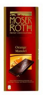 Moser Roth - Orange Mandel 125g ( Lahodná hořkosladká čokoláda s mandlovými kousky (6%) a pomerančovou štávou (2%). Tato čokoláda je pro milovníky lahodného, jemného čokoládového umění. Minimální podíl kakaa v čokoládě – 52%.)