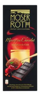 Moser Roth - s příchutí chilli a višní 150g (Ovocná, višnová čokoláda s chili náplní, jemná se šlehanou pěnou v 85% ušlechtilé tmavé čokoládě.)
