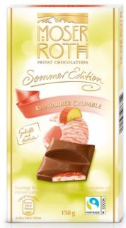 Moser Roth - Sommeredition Rhaberber Crumble 150g - DMT 01.11.2023 (Jemná čokoláda s čokoládovou pěnou 23,7 %, dort (gebäckstückchen) 1,3 % a drobená rebarbora 20 %.)